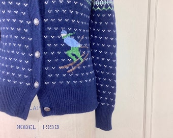 el esquiador de invierno, vintage LL BEAN Navy Blue Wool cardigan sweater - fair isle, lambswool, Maine-Chic jumper - tamaño pequeño