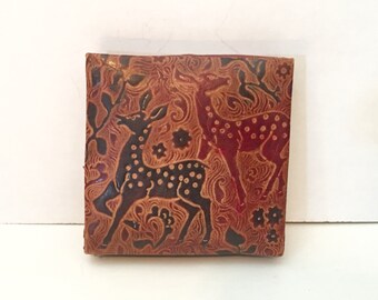 Vintage Change Purse - A Pair of Deer - Hand Tooled - Expandable Square Holder