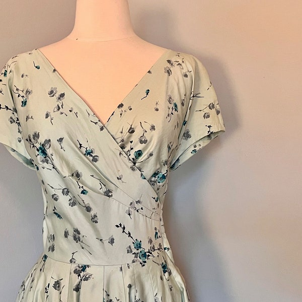 vintage 1950s ice blue faux wrap Party Dress with teal & lilac roses - fit 'n flair, midi length, metal side zipper - size small