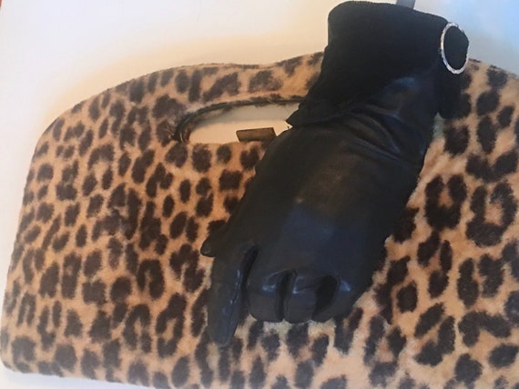 vintage Fancy Black Leather Gloves with Velvet & … - image 1