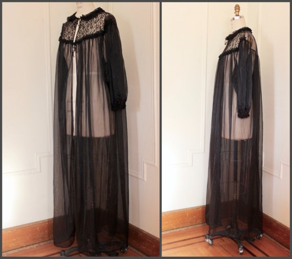 1950s Black Lace + Nylon Robe - Edwards Lingerie … - image 6