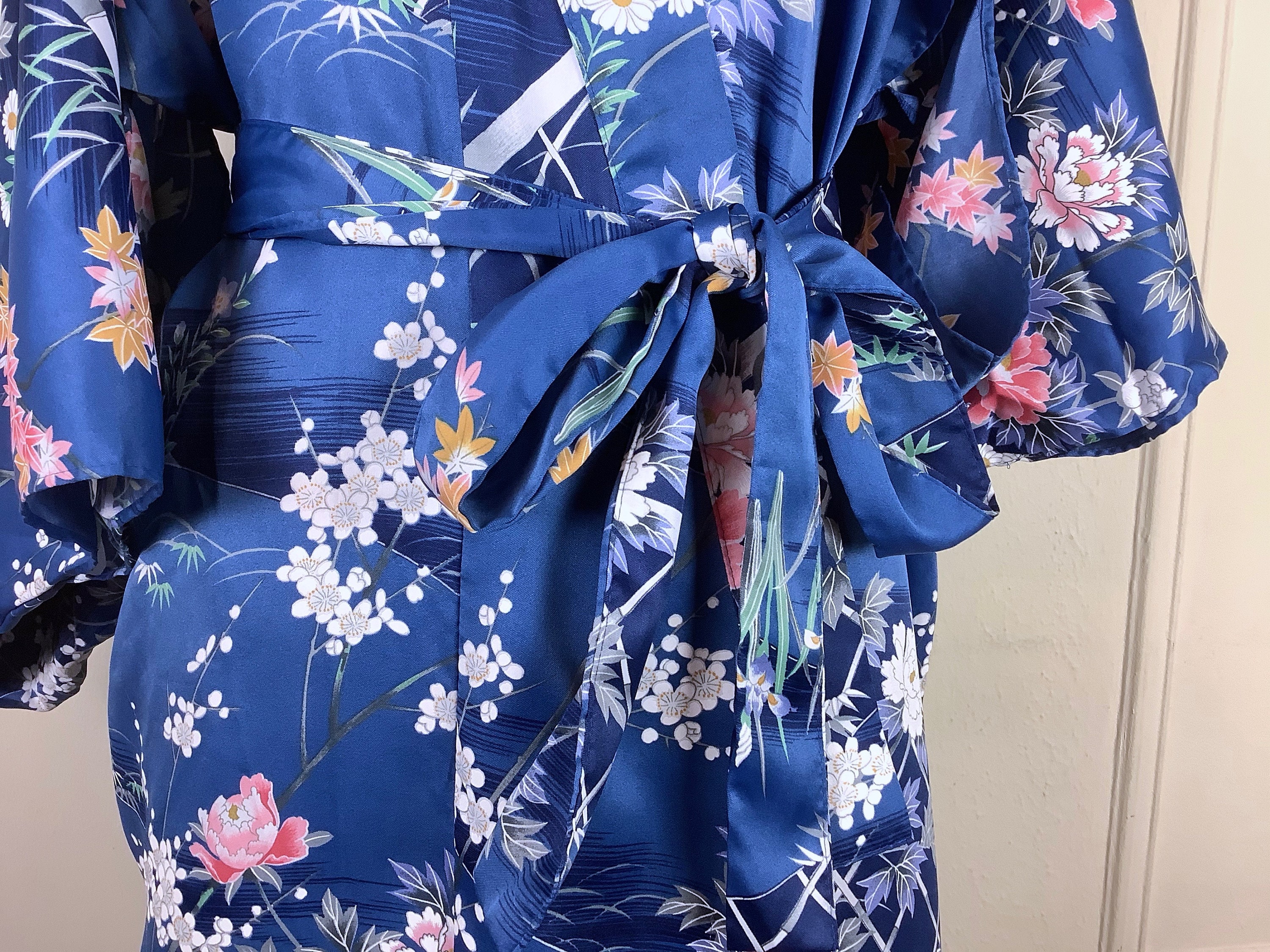 The Blue Kimono, Vintage Silky Blue Floral Robe - With The Blue Kimono, Vintage Silky Blue Floral Robe - With