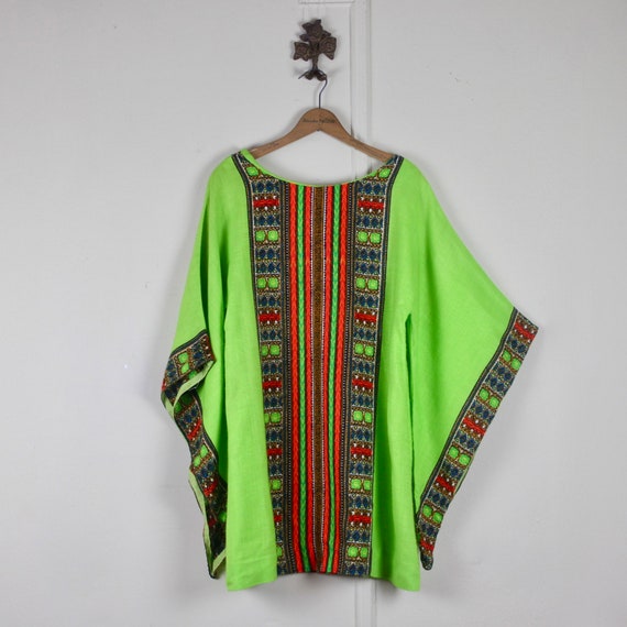 1970s neon GREEN Cotton Caftan, Batik Mini Dress,… - image 9