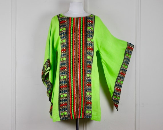 1970s neon GREEN Cotton Caftan, Batik Mini Dress,… - image 2