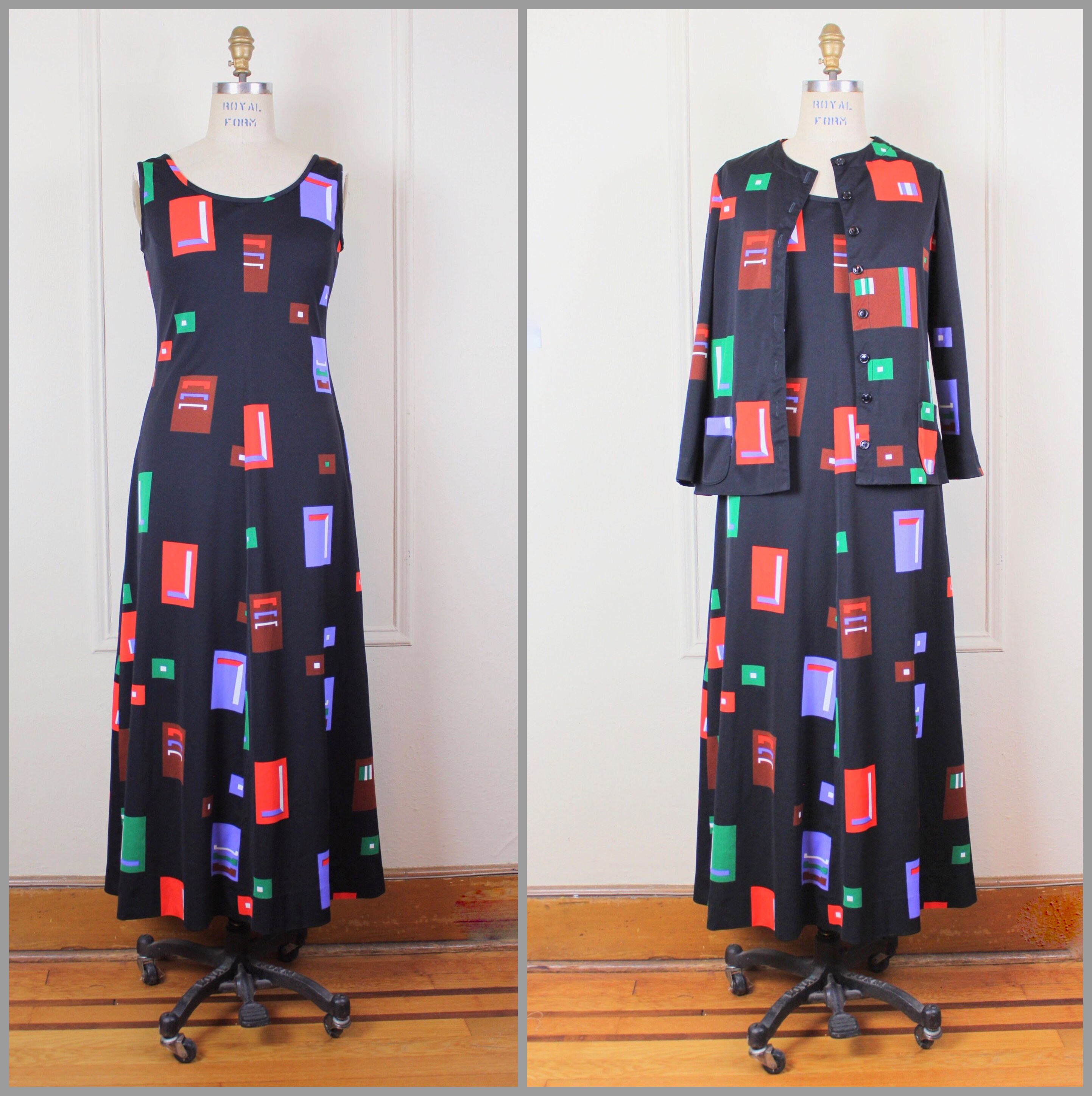 【vintage】 Oversizecoat Mod 1970s Black Mod-geo-colorblock Maxi Dress With Cocktail