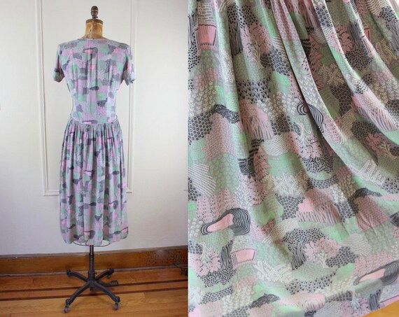 vintage 1940s Floral Landscape Party Dress - seaf… - image 5