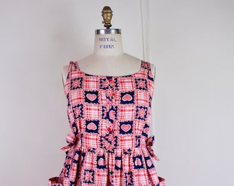Summertime Love - vintage Red + Blue checked HEART Halter Dress with OveRsiZed pockets + Bows at the sides - cotton country plaid - medium