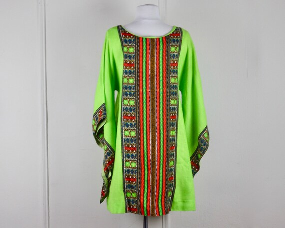 1970s neon GREEN Cotton Caftan, Batik Mini Dress,… - image 8