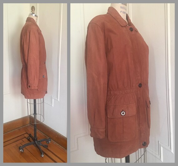 1990s Tawny Brown Leather Barn Coat with plaid Li… - image 5