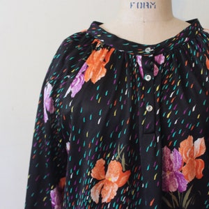 dark iris, vintage 1970s black  peasant blouse with allover floral + raindrop pattern  - vintage size 38, large