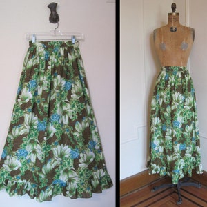 1960s vintage Tropical Green & Blue Floral Cotton Maxi Skirt, size xs/s extra small to small image 2