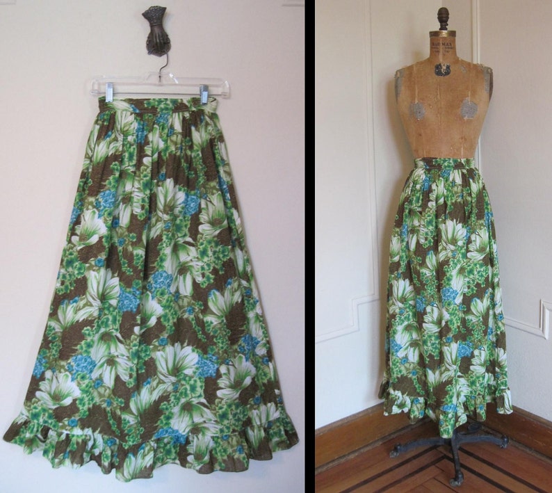 1960s vintage Tropical Green & Blue Floral Cotton Maxi Skirt, size xs/s extra small to small image 2