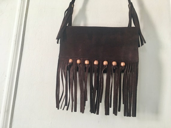 Hippies Fringe Wooden Beads, Vintage 1970s Brown Suede Crossbody