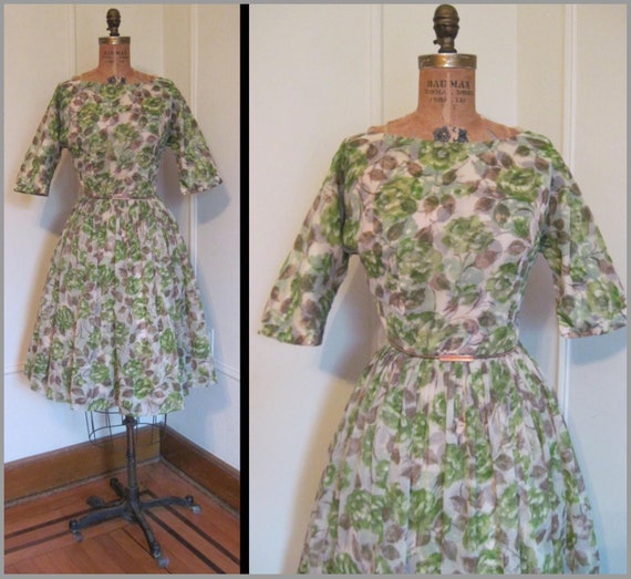 vintage 1950s Bronze & Green Cabbage Rose Party D… - image 2