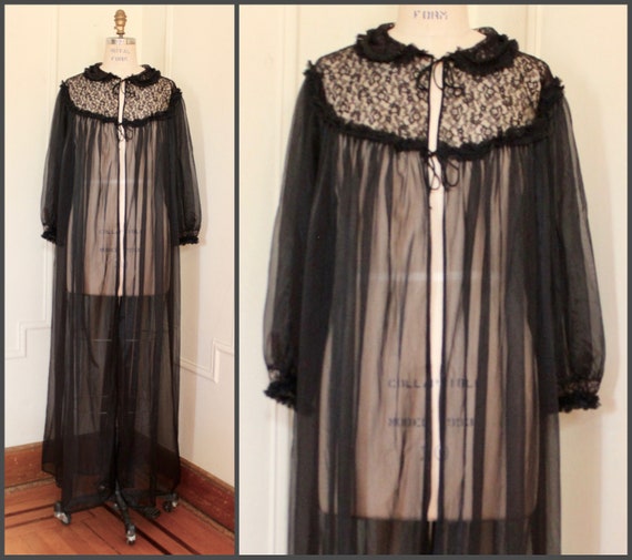 1950s Black Lace + Nylon Robe - Edwards Lingerie … - image 2
