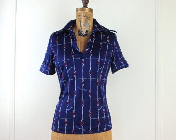 1970s LANVIN navy blue + white + red polo shirt -… - image 1