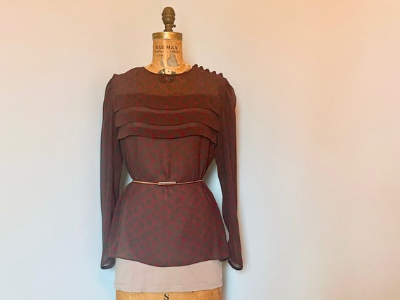 1980s deep red + green PASILEY semi-sheer blouse … - image 3