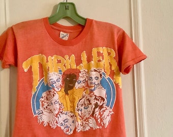 THRILLER, 1980s authentic red ringer Micheal Jackson ZOMBIE bootleg T-Shirt - extra small to small, xs - vintage child's size 10/12, large