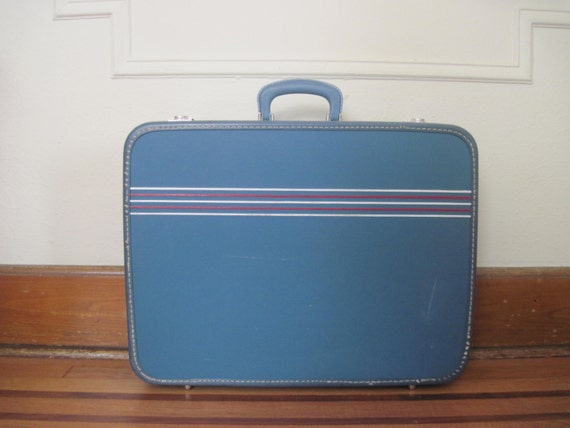 blue and white striped suitcase