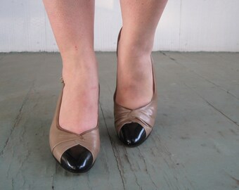 sz 7.5, FERRAGAMO two toned heels - Vintage Camel & Black Patent Leather Salvatore Ferragamo Slingback Pumps - high heel shoes, oxfords