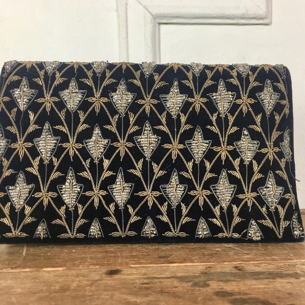 vintage 1940s Black Velvet & Wire ZARDOZI Lotus Clutch from India - Hollywood Regency, evening bag, Indian metallic embroidery bullion purse