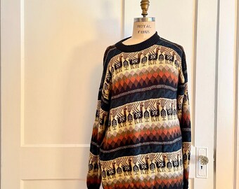 vintage 1980s pullover slouchy sweater with stripes + alpacas - multicolored knit brown, tan, clay - one size, small, medium, large, extra