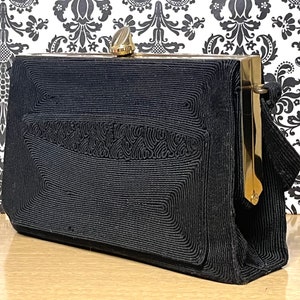 vintage 1940s Black evening bag - MARDANE, genuine corde - Hollywood Regency, purse, top handle - something old, wedding, cocktail party