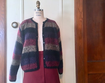 1980s super chunky MOHAIR cardigan sweater with oversized stripes - 80s fashion, Autumn hues, slouch, boho - vintage size medium