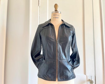 1990s Bkack Leather Fitted Jacket with decorative stitching - biker, rocker - vintage size small to extra, xs