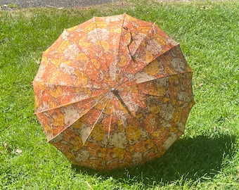 Autumns glory, 1950s   Umbrella - abstract floral print: brown + bronze  + rust + sand  - vintage Sun / Shade Parasol