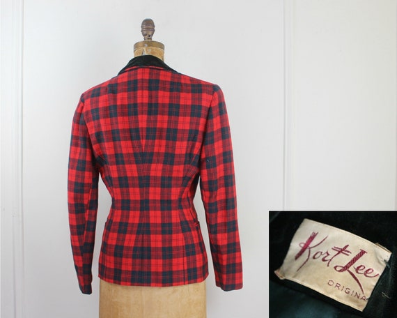 Kort Lee, 1940s red plaid fitted wool blazer with… - image 5