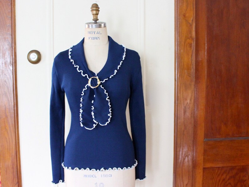 Vintage 1970s Navy Blue Knit Top With White Ruffles a Etsy