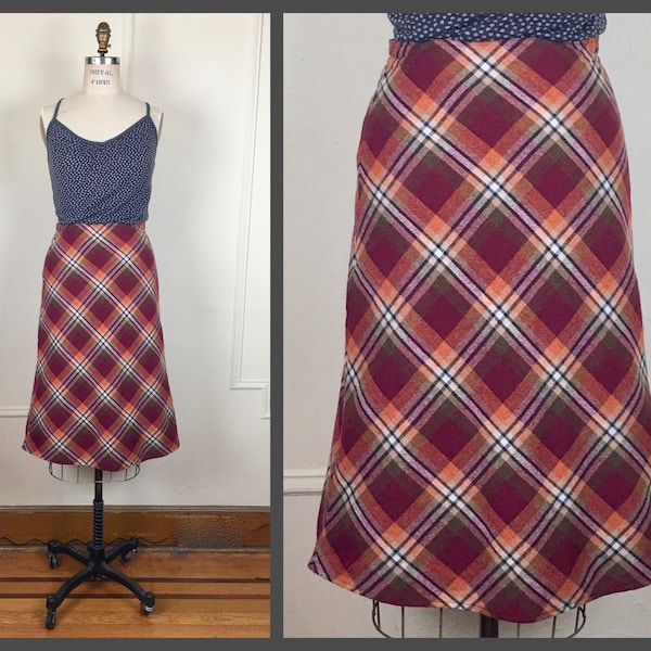 1980s Wool Plaid Skirt from GH Bass & Co - Autumn's hues, rust + wine + tan + brown, aline shape, below the knee - vintage size 2, small