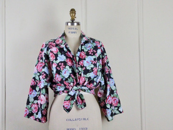 oversized florals, 1980s cotton blouse - black + … - image 1