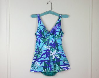 1970s blue & purple swimsuit - skirted, babydoll-dress, bathing suit - MAIDENFORM, vintage size 36B