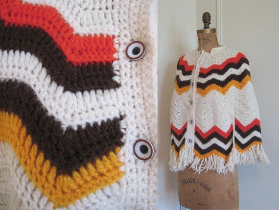 1970s Poncho - cream, vermilion, brown, and orang… - image 4