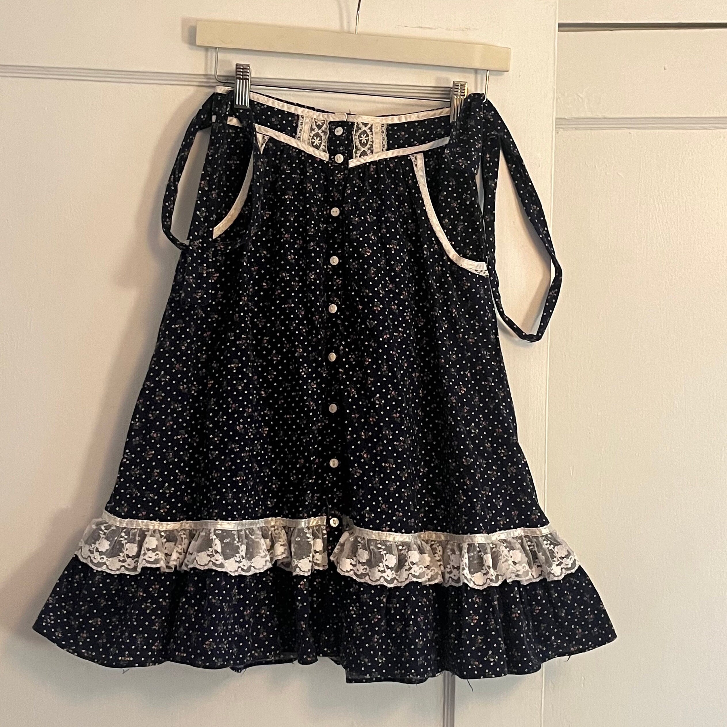 ヴィンテージ　gunnies gunne sax レーススカート Gunne Sax、1970 年代の青いチンツ コットン & レース スカート