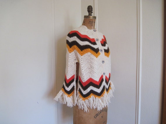 1970s Poncho - cream, vermilion, brown, and orang… - image 3