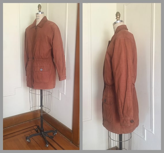 1990s Tawny Brown Leather Barn Coat with plaid Li… - image 8