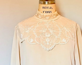 1980s Ivory Chiffon & Lace Neo-Edwardian Blouse - high neck, semi-sheer, cottagecore, Victorian - vintage size 14, medium to large m/l