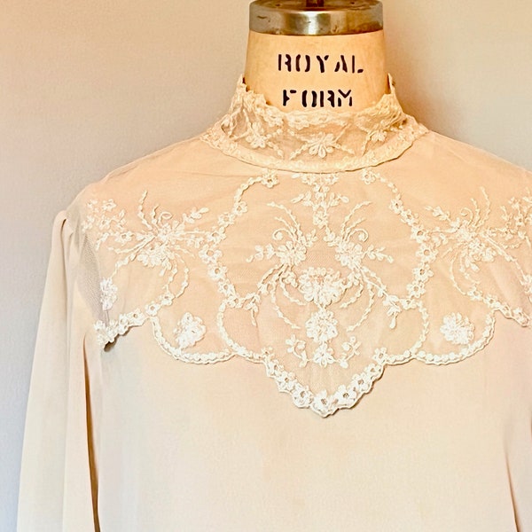 Evie Lace High Neck Blouse with Capped Sleeves - Black, Ivory, Mocha
