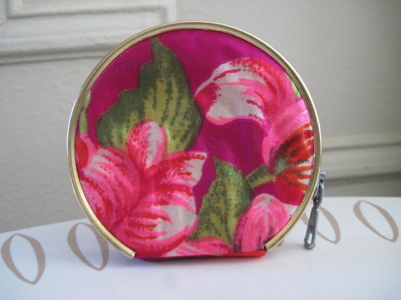 vintage Pink & Fuchsia Satin Floral Mirrored Comp… - image 2