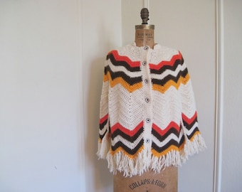 1970s Poncho - cream, vermilion, brown, and orange Chevron Stripes - vintage knit sweater, fall coat, jacket