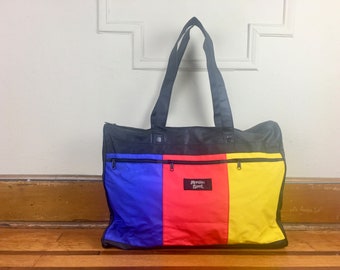 primary - 1980s oversized vinyl bag - COLORBLOCK blue + yellow + red MORGAN SPORT - vintage gym, travel, weekender, tote, carryon, carry all