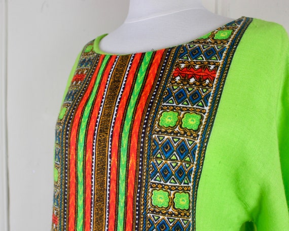 1970s neon GREEN Cotton Caftan, Batik Mini Dress,… - image 3