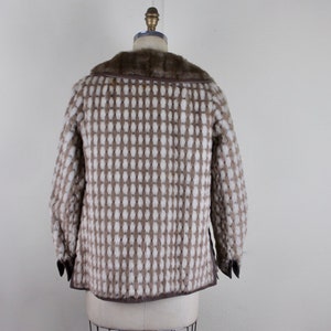 1960s taupe & ivory faux fur leather coat with harlequin pattern by LILLI ANN of Paris MOD, box jacket, winter warm size small, medium image 8