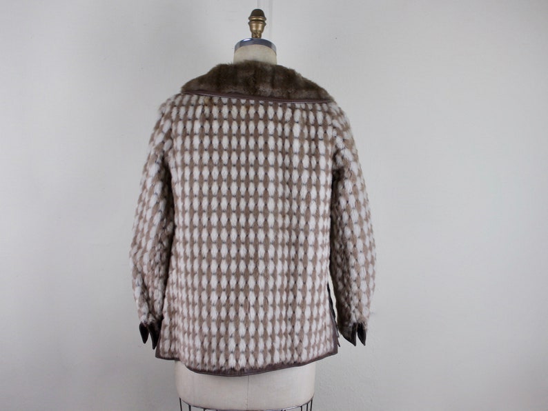 1960s taupe & ivory faux fur leather coat with harlequin pattern by LILLI ANN of Paris MOD, box jacket, winter warm size small, medium image 8