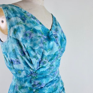 watercolor bombshell, vintage 1960s Bombshell Cocktail Dress - blue, green + purple Impressionistic floral ruched party dress - size medium