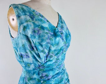 watercolor bombshell, vintage 1960s Bombshell Cocktail Dress - blue, green + purple Impressionistic floral ruched party dress - size medium