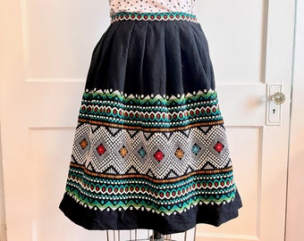 vintage heavily embroidered Mayan Mexican Skirt - black + green + orange + turquoise - pleated, knee length - vintage size small